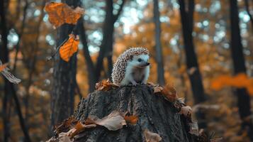 An adorable hedgehog sits on a tree stump surrounded by foliage photo