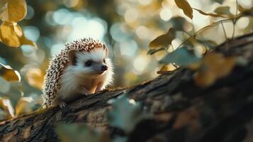 A cute hedgehog sitting peacefully on a tree branch outside photo