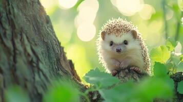 An adorable hedgehog sits peacefully on a tree branch in nature photo