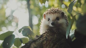 An adorable hedgehog sits on a tree branch amongst the leaves photo