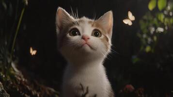 A curious kitten gazing upward with butterflies in the background photo