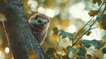 A cute hedgehog is perched on a tree branch in nature photo