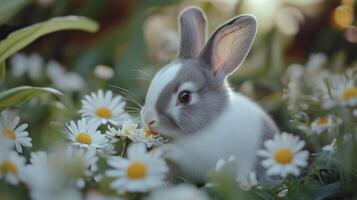 A cute bunny rabbit is enjoying some flowers outside photo