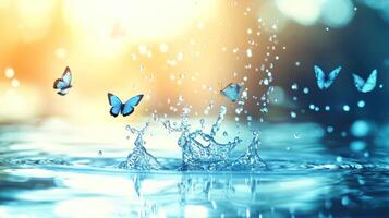 Butterflies Fluttering Around Water With Splashes In Beautiful Sunlight photo