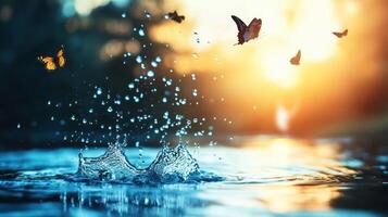 Butterflies fly above water with splashes in the bright sunlight photo