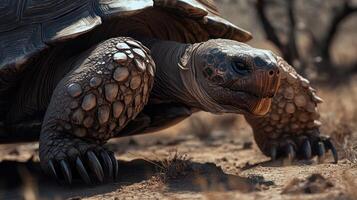 A large tortoise is slowly walking across the arid environment photo