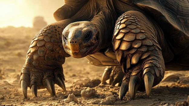A close up view of a tortoise in a dry environment photo