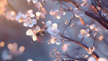 Bee collecting nectar from blossoming white flowers on tree branches photo