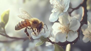 A honeybee collects nectar from a white blossoming flower photo