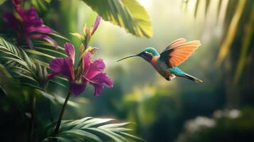 A colorful hummingbird is hovering near beautiful pink flowers photo