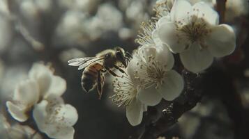 A honeybee gracefully hovering near blossoming white flowers in sunlight photo