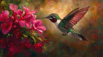 A beautiful hummingbird approaching pink flowers for sweet nectar photo