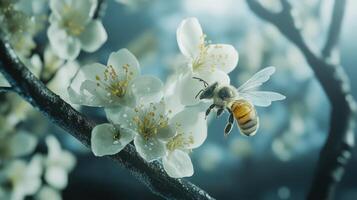 A flying bee approaching white blossoms on a tree branch photo