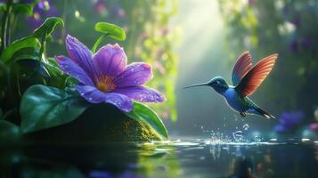 A vibrant hummingbird flies towards a purple flower in nature photo