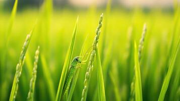 A green grasshopper sits on a stalk of green rice photo