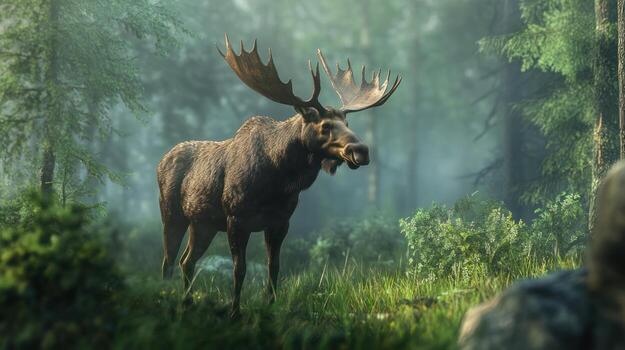 A majestic moose stands proudly in a serene forested environment photo