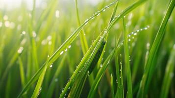A green grasshopper rests on blades of wet green grass photo