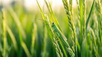 A bright green grasshopper rests on some green stalks of grain photo