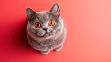 A beautiful grey cat looking upwards with wide orange eyes photo