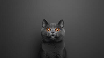 A grey cat looks surprised with a wide open mouth photo