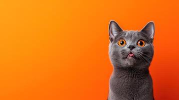 An adorable gray cat with orange eyes and tongue sticking out photo