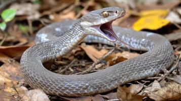 A venomous snake with open mouth and extended tongue photo