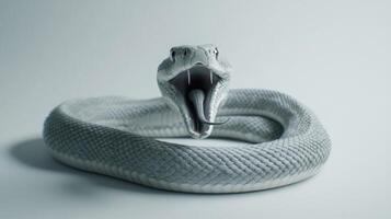 An open mouthed grey serpent coiled on a simple surface photo