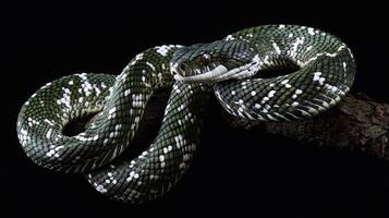 A green and white snake coiled on a wooden branch photo