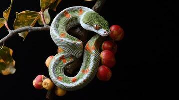 A vibrant green snake coiled on a branch with red fruits photo