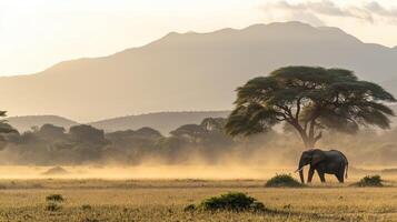 An elephant grazing in a savanna landscape during a sunrise photo
