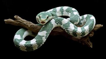 A vibrant green and white patterned snake on a branch photo