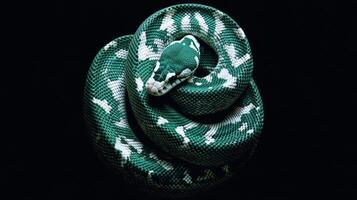 A Green Snake Is Coiled In A Dark Environment photo