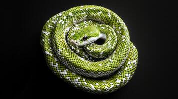 A coiled green snake with white markings rests on black photo