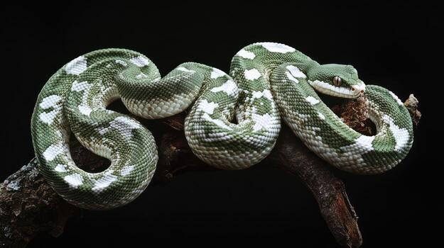 A green snake with white patches coiled on a branch photo