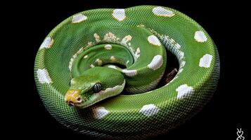 A curled green snake with white markings against a black backdrop photo