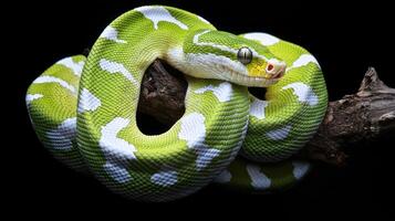 A vibrant green snake coiled around a wooden branch beautifully photo