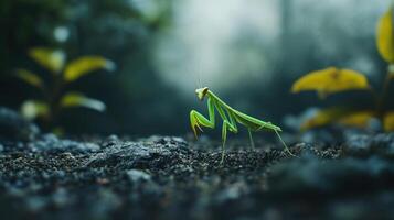 A close up of a green praying mantis on ground photo