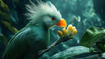 A colorful bird perched on a branch holding a flower photo
