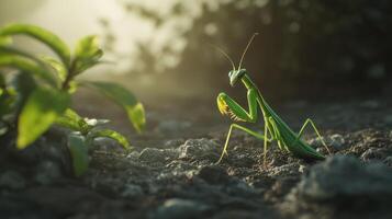 A beautiful green praying mantis standing near some small green plants photo