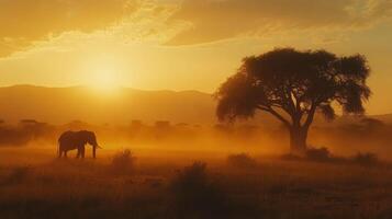 Elephant Walking Silhouetted Across Savanna With Large Tree At Sunset photo