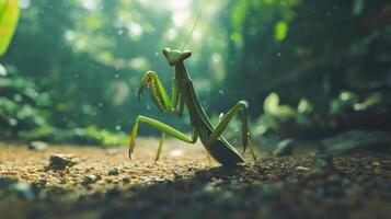 A green praying mantis stands tall on a forest floor photo