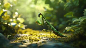 A praying mantis poses gracefully in the lush green forest photo