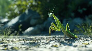 A detailed image depicting a green praying mantis insect photo