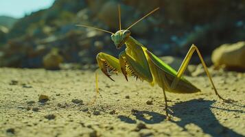 A green praying mantis stands on the ground facing forward photo