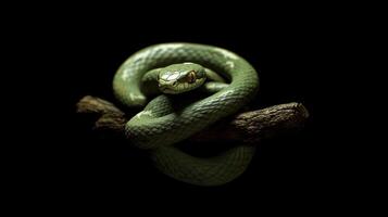 A coiled green snake resting on a wooden branch against darkness photo