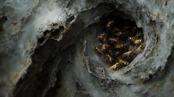 A collection of wasps within their intricate and natural nest photo