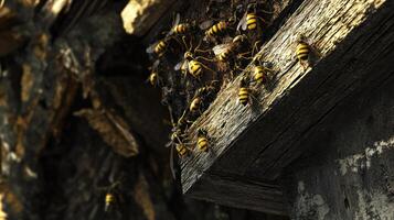 Many yellow wasps are clustered on weathered wooden building elements photo