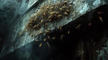 A swarm of yellow and black insects with their honeycomb nest photo