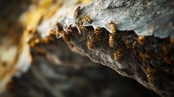 Yellow and Black Striped Wasps Are Clustered On a Rough Surface photo
