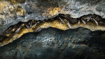 A group of wasps resting inside a weathered crevice photo